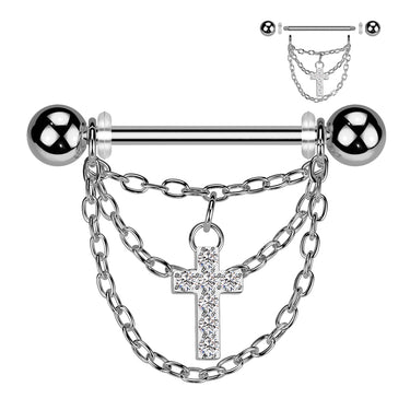 316L Surgical Steel Nipple Barbell With Triple Chain and CZ Cross Dangle