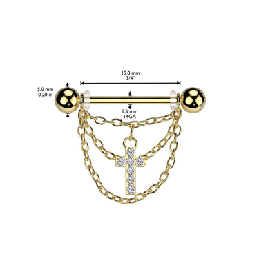 Gold Plated 316L Surgical Steel Nipple Barbell With Triple Chain and CZ Cross Dangle