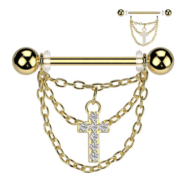 Gold Plated 316L Surgical Steel Nipple Barbell With Triple Chain and CZ Cross Dangle