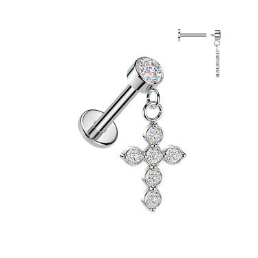 316L Surgical Steel Internally Threaded Cubic Zirconia Cross Dangle Labret