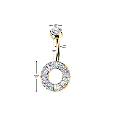 Gold Plated Titanium Internally Threaded Baguette CZ Circle Belly Ring