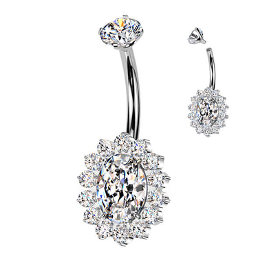 Implant Grade Titanium Internally Threaded Oval Belly Ring with CNC CZ Pavé Edge