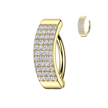 Yellow Gold Plated 316L Surgical Steel Hinged Belly Ring With 4 Lines Pave CZ