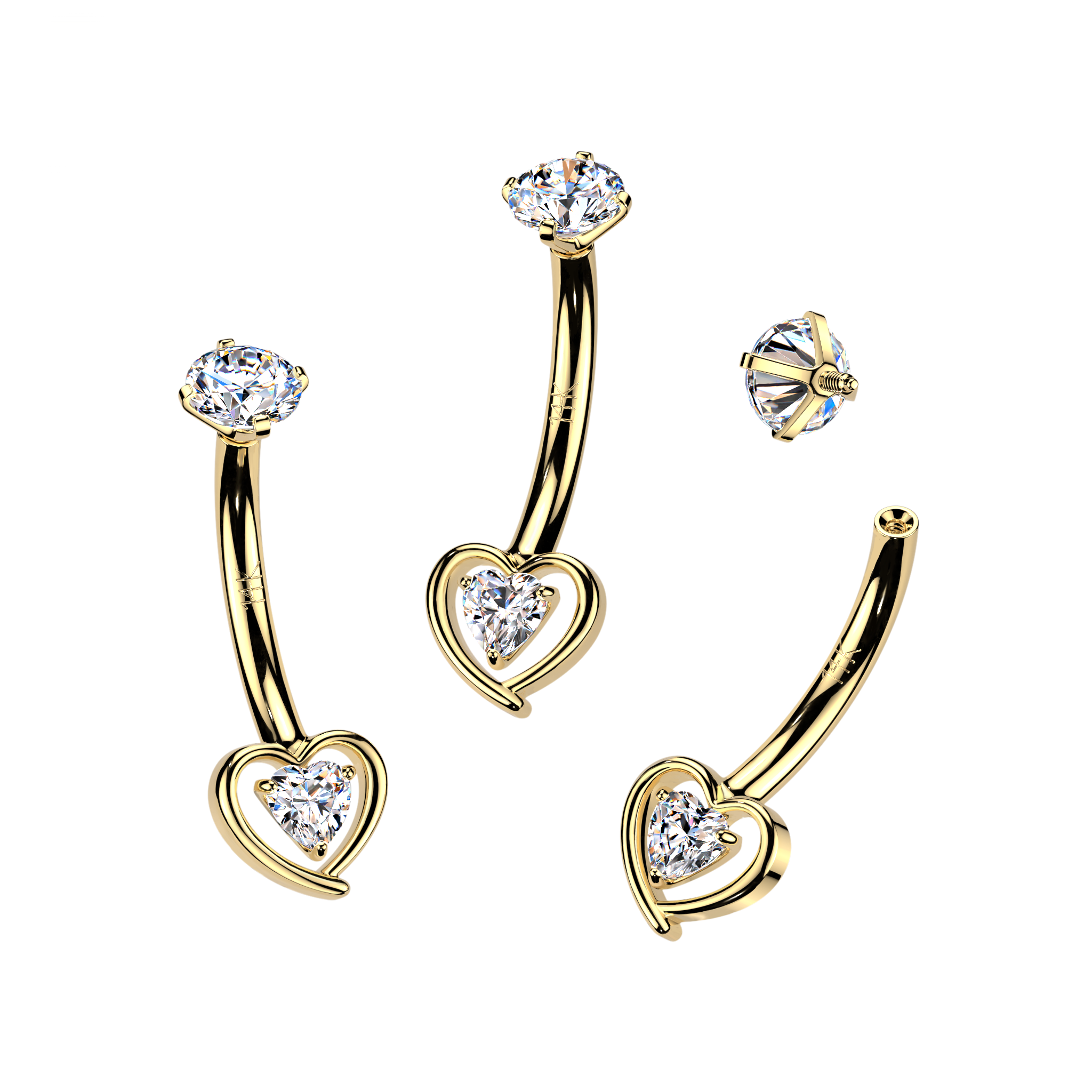 14K Gold Internally Threaded Cubic Zirconia Heart Cut Out Belly Ring