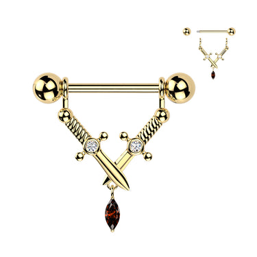 Gold Plated 316L Nipple Barbell With Crossed Daggers & Marquise CZ Dangle