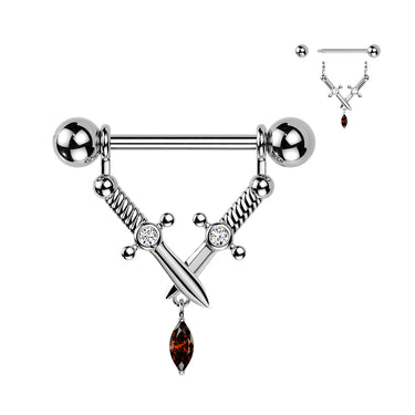316L Nipple Barbell With Crossed Daggers & Marquise CZ Dangle