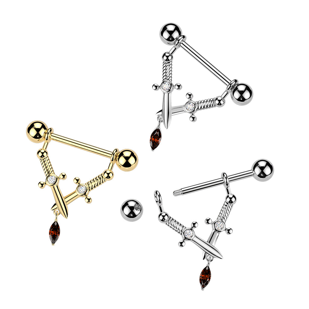 Pair of 316L CZ Gold Plated Nipple Ring Barbell
