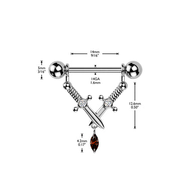 Gold Plated 316L Nipple Barbell With Crossed Daggers & Marquise CZ Dangle