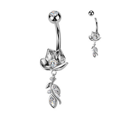 316L Belly Ring With Lotus Flower & CZ Vine Dangle