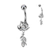 316L Belly Ring With Lotus Flower & CZ Vine Dangle