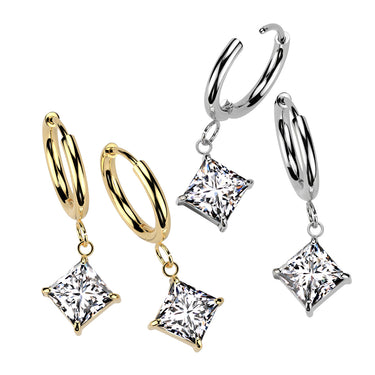 Gold Surgical Steel Prong Set Cubic Zirconia Diamond Dangle Hinged Hoop Earring (PAIR)
