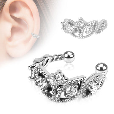Beads Trimmed Clear CZ Rhodium Plated Brass Ear Cuff