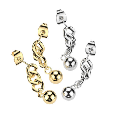 Yellow Gold Plated 316L Surgical Steel Chain Link & Ball Dangle Studs (PAIR)