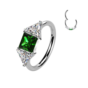 18g Titanium Hoop Ring with Green CZ & Triangle Ends