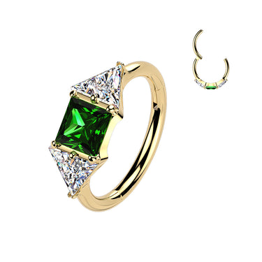 18g Yellow Gold Titanium Hoop Ring with Green CZ & Triangle Ends