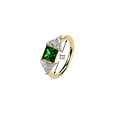 18g Yellow Gold Titanium Hoop Ring with Green CZ & Triangle Ends