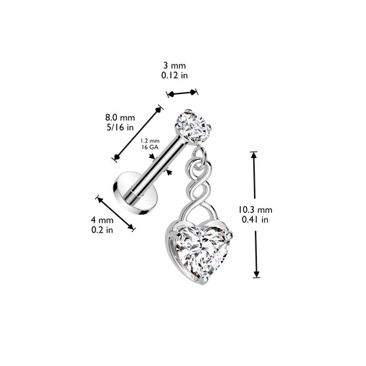 Lovers Entwined Heart Dangle. Labret, Monroe, Tragus and Cartilage Earrings.