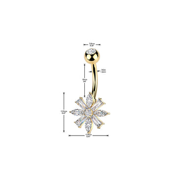 Gold Plated Belly Ring With Marquise & Baguette CZ Flower and Press Fit Top