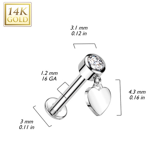 Internally Threaded Bezelled Heart Drop Body Jewellery Stud in 14K White Gold