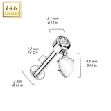 Internally Threaded Bezelled Heart Drop Body Jewellery Stud in 14K White Gold