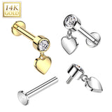 Internally Threaded Bezelled Heart Drop Body Jewellery Stud in 14K White Gold
