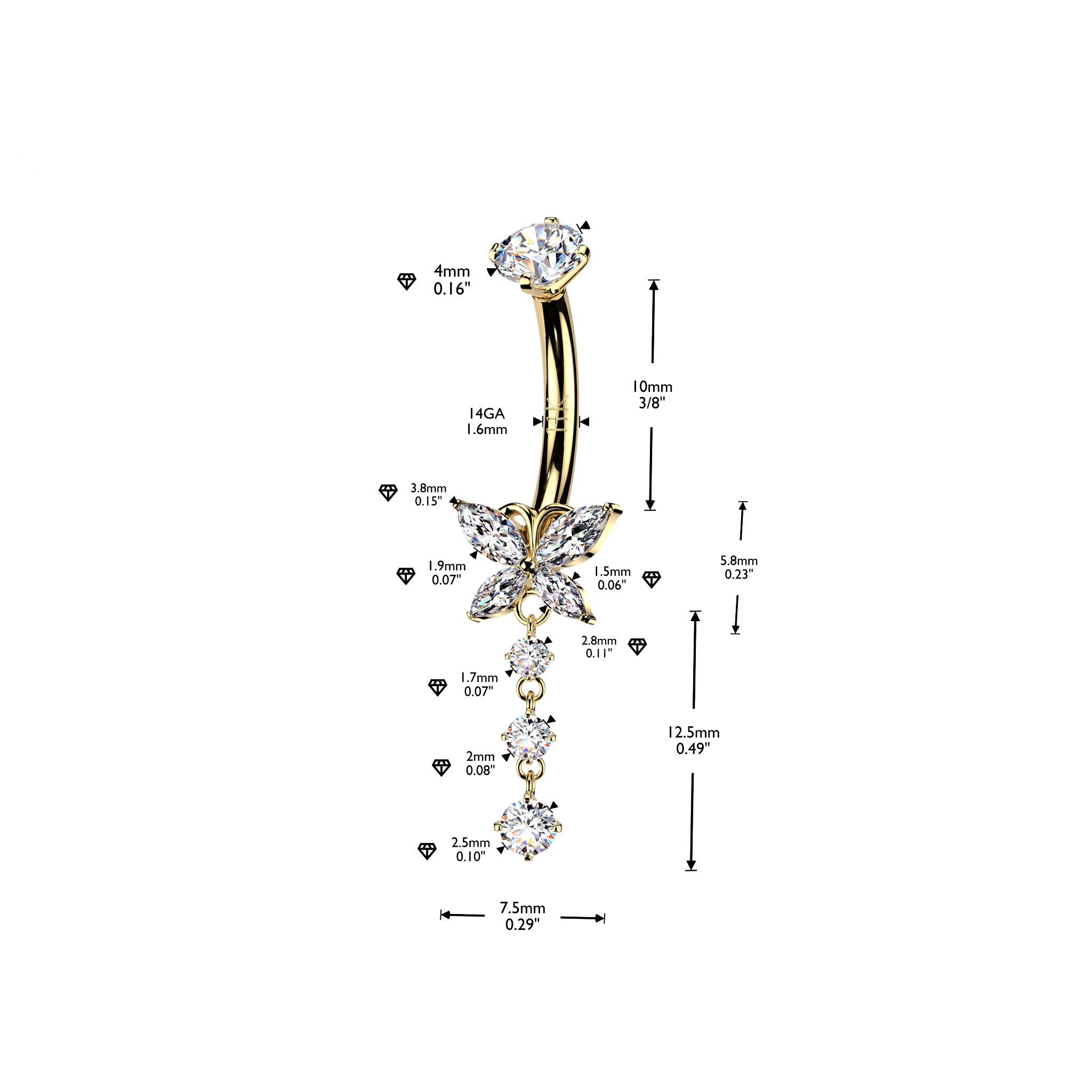 Pixie Wings Butterfly Dangle Belly Bar in 14K Yellow Gold