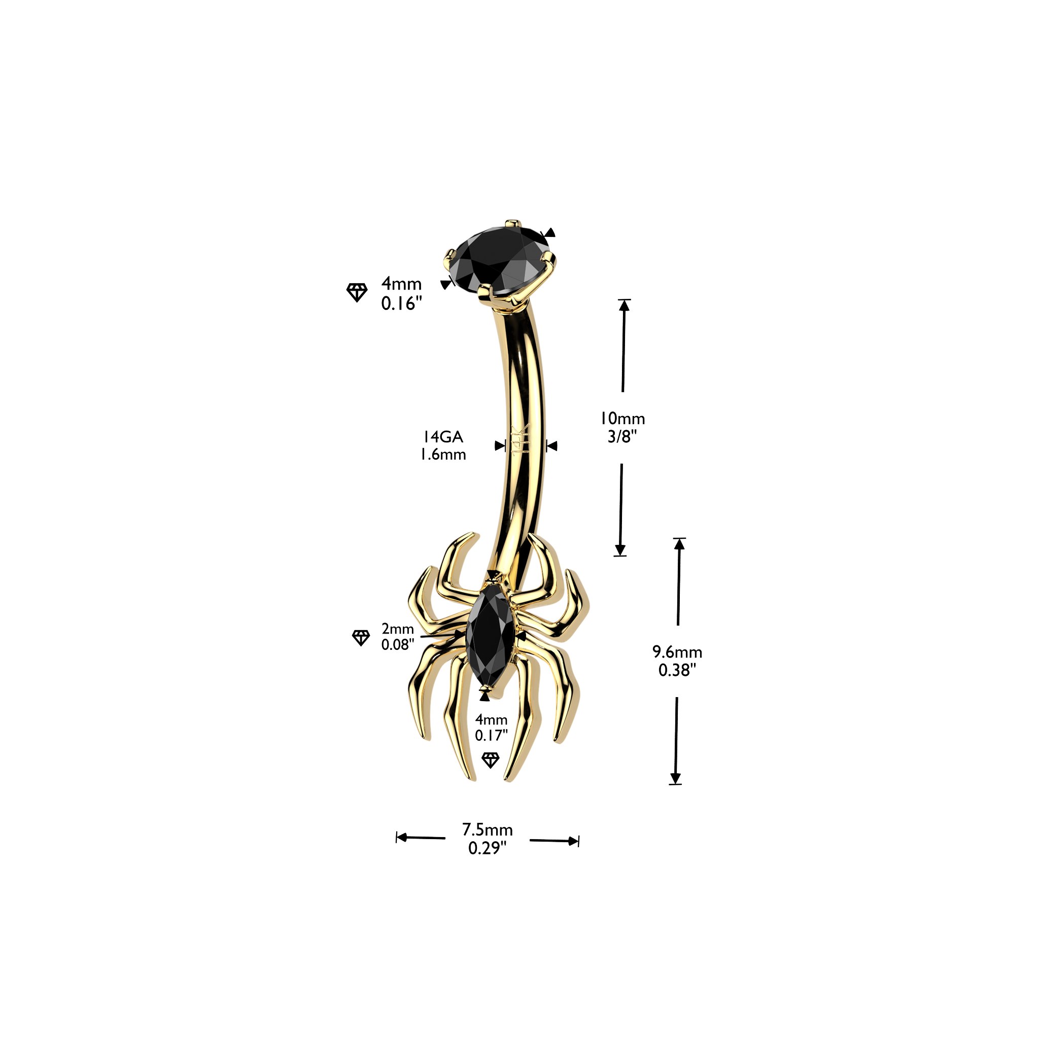 Arachne Midnight Spider Belly Ring in 14K Yellow Gold