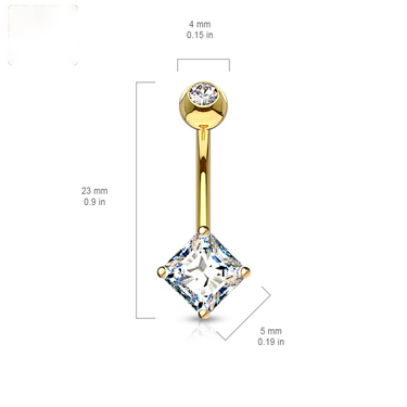 Solid 14K Yellow Gold Navel Ring with Square Princess‑Cut Cubic Zirconia