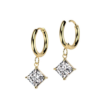 Gold Surgical Steel Prong Set Cubic Zirconia Diamond Dangle Hinged Hoop Earring (PAIR)
