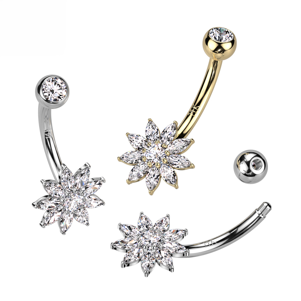 14K Yellow Gold Cubic Zirconia Flower Navel Belly Ring