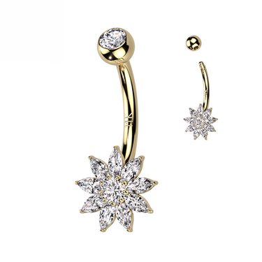 14K Yellow Gold Cubic Zirconia Flower Navel Belly Ring