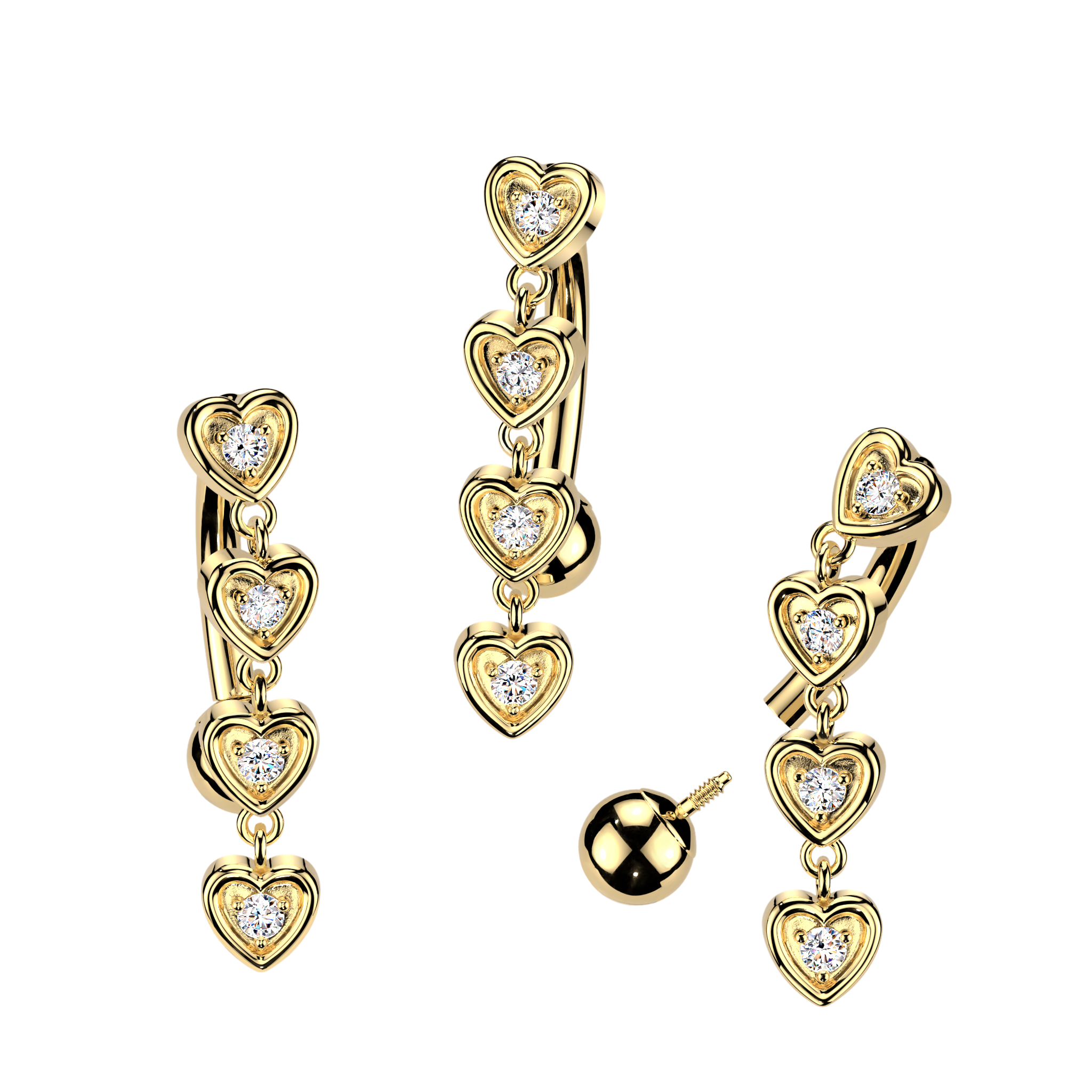 14K Gold Internally Threaded Reverse Belly Ring With Cubic Zirconia Heart Dangles