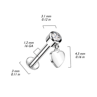 Internally Threaded Bezelled Heart Drop Body Jewellery Stud in 14K Yellow Gold.