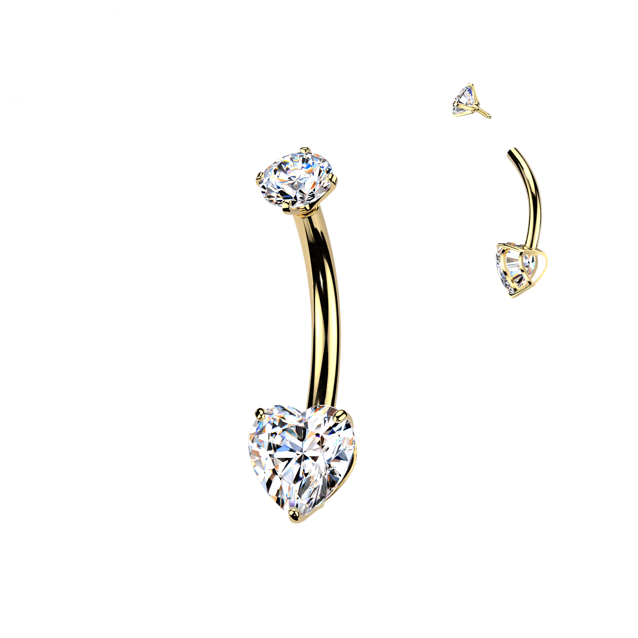 14K Gold Internally Threaded Double Jewelled Prong Set Heart Cubic Zirconia Belly Ring