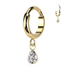 Gold Plated Titanium Hinged 2mm Wide Segment Hoop Ring With Teardrop Cubic Zirconia Dangle
