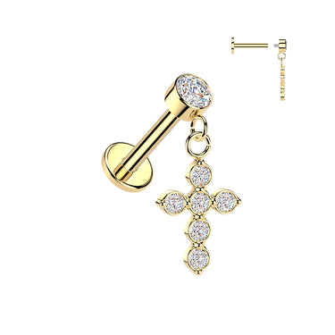 Gold Plated Surgical Steel Internally Threaded Cubic Zirconia Cross Dangle Labret
