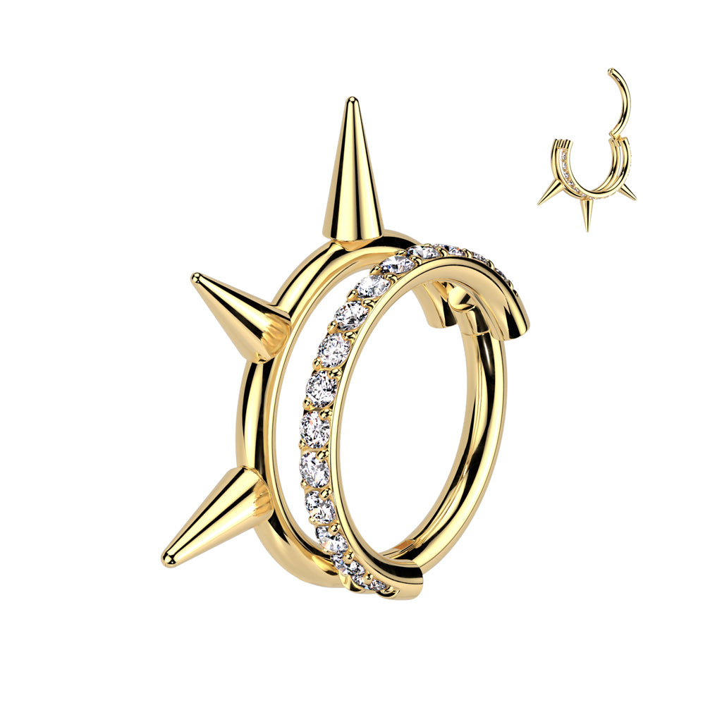 Gold Titanium Stacked Paved Hoop Earring with Triple Spike