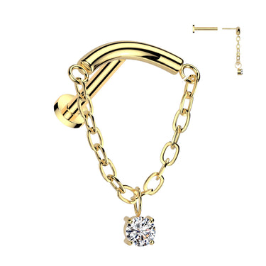Gold Plated Titanium Threadless Chain Linked Curved Bar with Cubic Zirconia Dangle