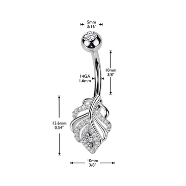 Gold Plated 316L Surgical Steel Belly Ring with CZ Leaf & Top