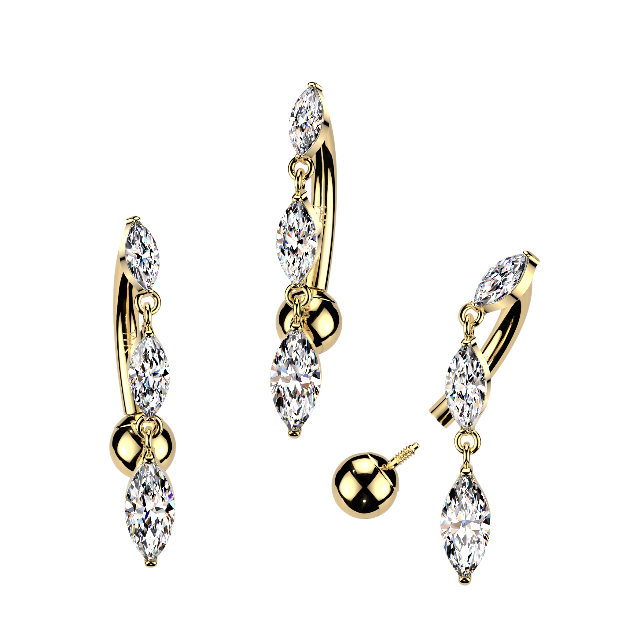 14K Gold Internally Threaded Reverse Belly Ring With Triple Marquise Cubic Zirconia Dangle