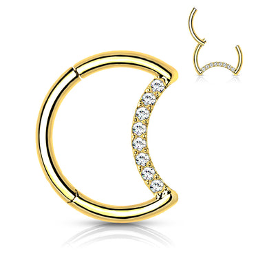 Gold Plated Titanium Hinged Segment Hoop with Pave Cubic Zirconia Crescent Moon