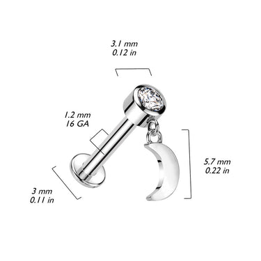 Internally Threaded 14K Yellow Gold Bezel Set CZ Top and Crescent Moon Dangle Labret