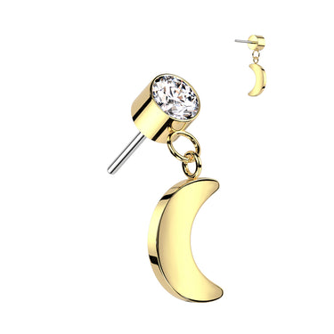 Gold Plated Titanium Threadless Push In Round Bezel Set CZ With Crescent Moon Dangle