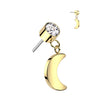 Gold Plated Titanium Threadless Push In Round Bezel Set CZ With Crescent Moon Dangle