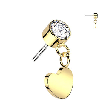 Gold Plated Titanium Threadless Push In Round Bezel Set CZ With Heart Dangle