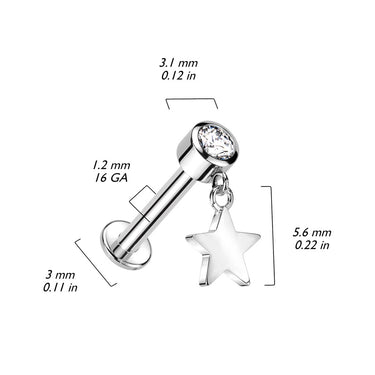 Internally Threaded 14K Yellow Gold Bezel Set CZ Top and Star Dangle Labret