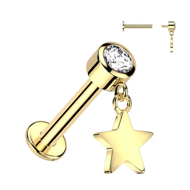 Internally Threaded 14K Yellow Gold Bezel Set CZ Top and Star Dangle Labret