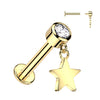 Internally Threaded 14K Yellow Gold Bezel Set CZ Top and Star Dangle Labret