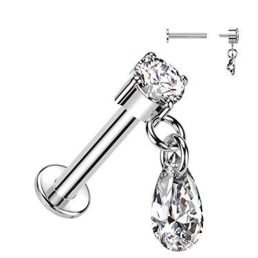 Internally Threaded 14K White Gold Prong Set CZ Top and Teardrop Dangle Labret