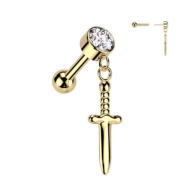 Yellow Gold Plated Titanium Threadless Dagger Dangle Cartilage Barbell